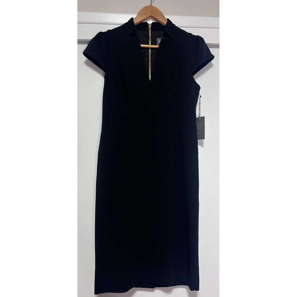 Vince Camuto Black Midi Dress Women Short Sleeve Full Back Gold Zip NWT
